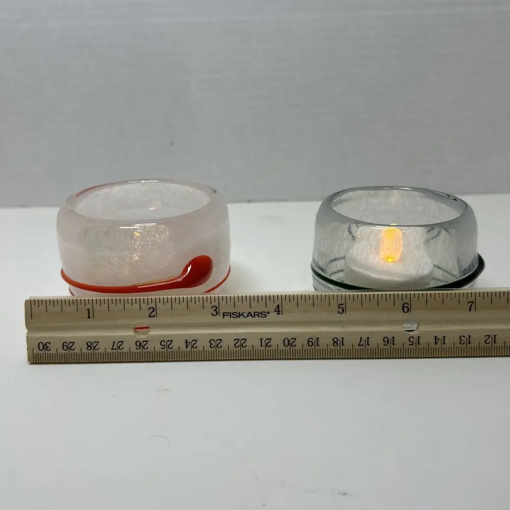 2 Hand Blown Studio Art Glass Votive Candle Holder Frosted Applied Green Orange